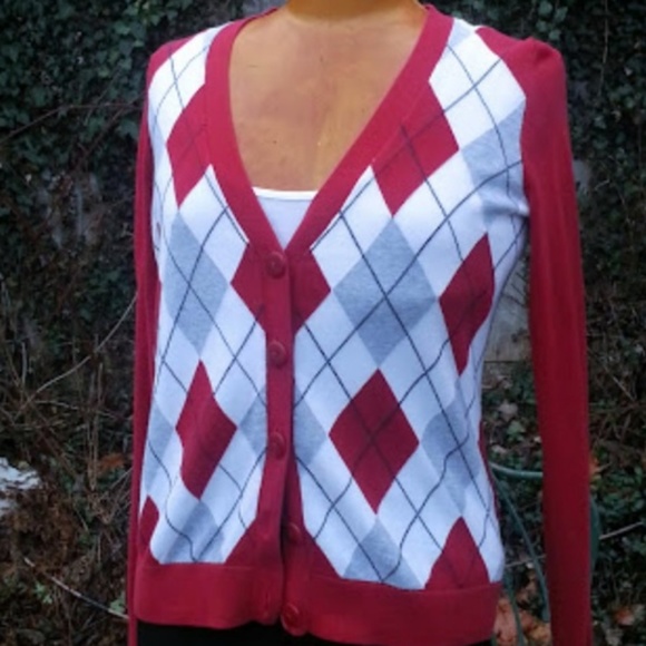 Tommy Hilfiger Argyle V-neck Pima Cotton cardigan sweater red gray sz SP - Picture 1 of 5